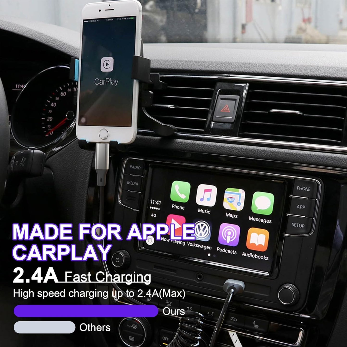 Spiralni Lightning kabel za iPhone MFi CarPlay USB – rastezljiv 0.4–1.2 m