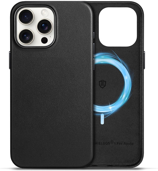 SHIELDON Kožna futrola za iPhone 15 Pro Max – Magnetsko punjenje (crna)