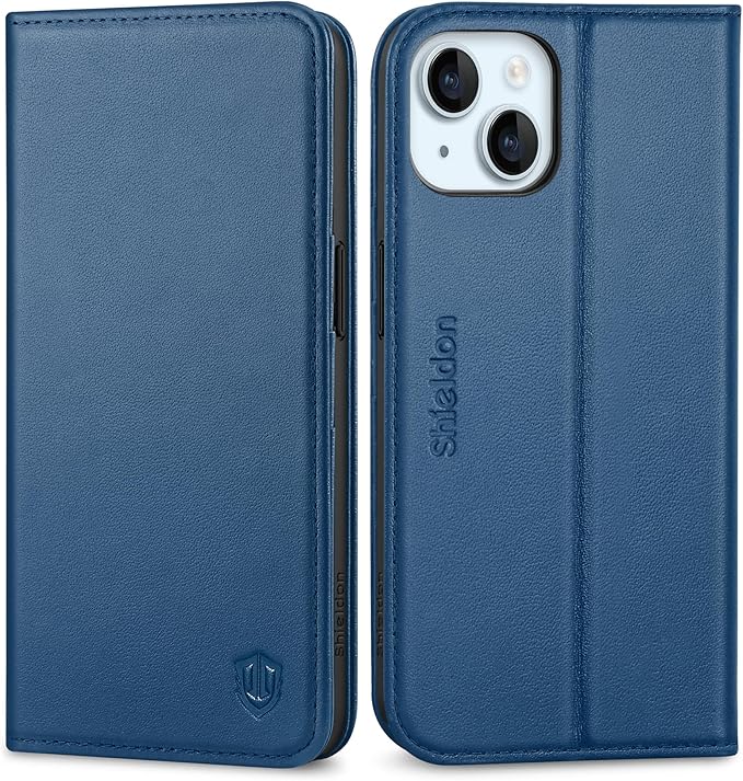 SHIELDON Kožna Preklopna Torbica za iPhone 15 – Novčanik RFID + Stalak (Kraljevsko Plava)