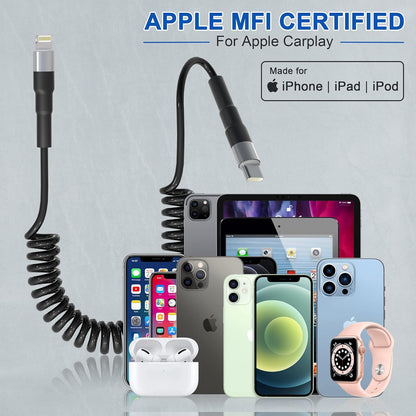Spiralni USB-C na Lightning kabel 0,4–1,2 m [Apple MFi] – CarPlay, LED, hitro polnjenje PD