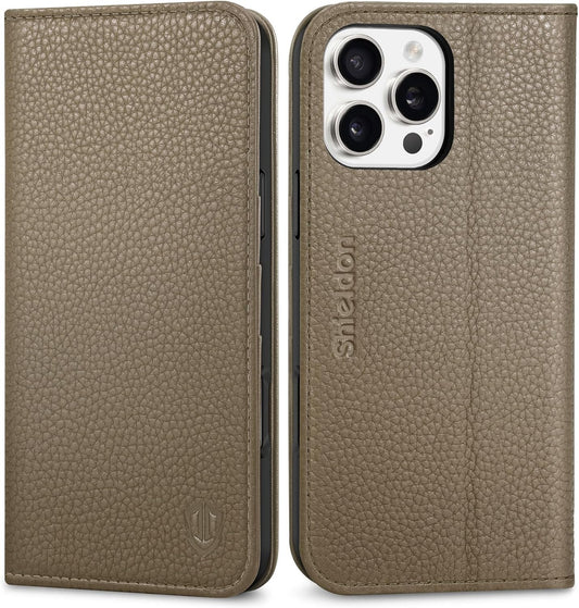 SHIELDON kožna preklopna futrola za iPhone 16 Pro Max – kaki