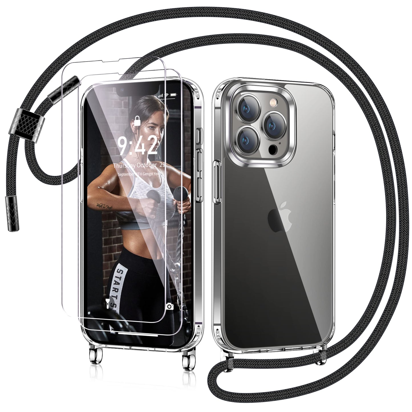 AROYI ovitek z vrvico + 2x steklo za iPhone 13 Pro Max prozoren