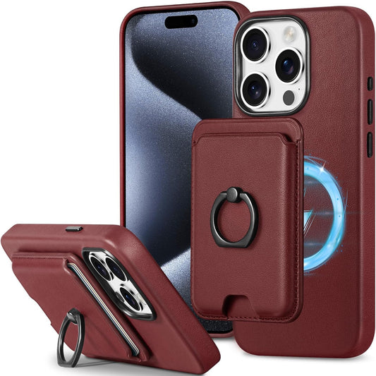 SHIELDON Usnjen Ovitek za iPhone 15 Pro – Magnetna Denarnica RFID + Stojalo (Vinsko Rdeč)