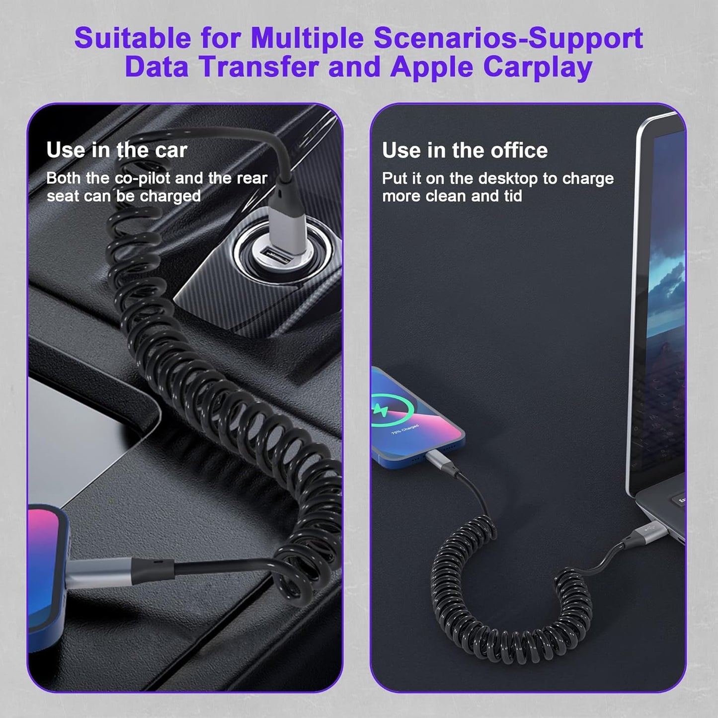 Spiralni Lightning kabel za iPhone MFi CarPlay USB – rastezljiv 0.4–1.2 m