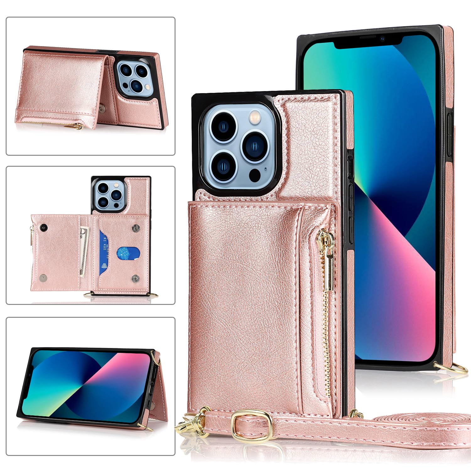 LOKASS ovitek z denarnico in trakom za iPhone 14 Pro Max roza