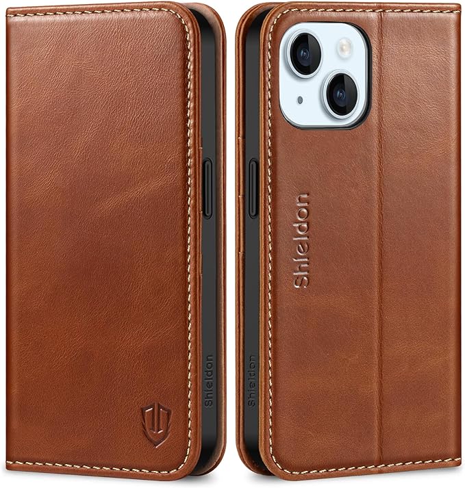 SHIELDON Kožna Preklopna Torbica za iPhone 15 – Novčanik RFID + Stalak (Retro Smeđa)
