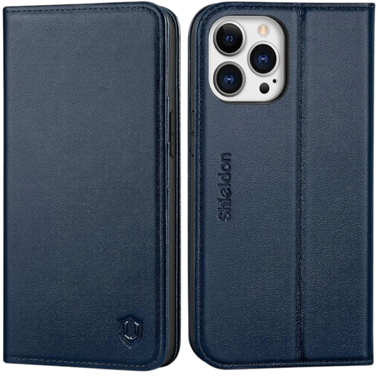 Preklopna torbica "SHIELDON " za iPhone 13 Pro – Temno modra / Naravno usnje + TPU silikon