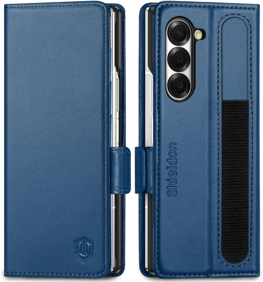 SHIELDON maskica za Samsung Galaxy Z Fold6 5G od prave kože s RFID zaštitom i držačem za S Pen – kraljevsko plava