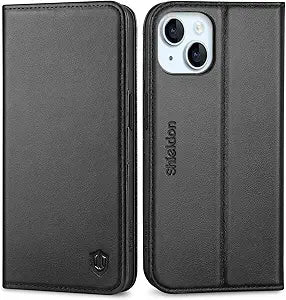 SHIELDON kožna preklopna futrola za iPhone 15 – novčanik RFID + stalak (crna)