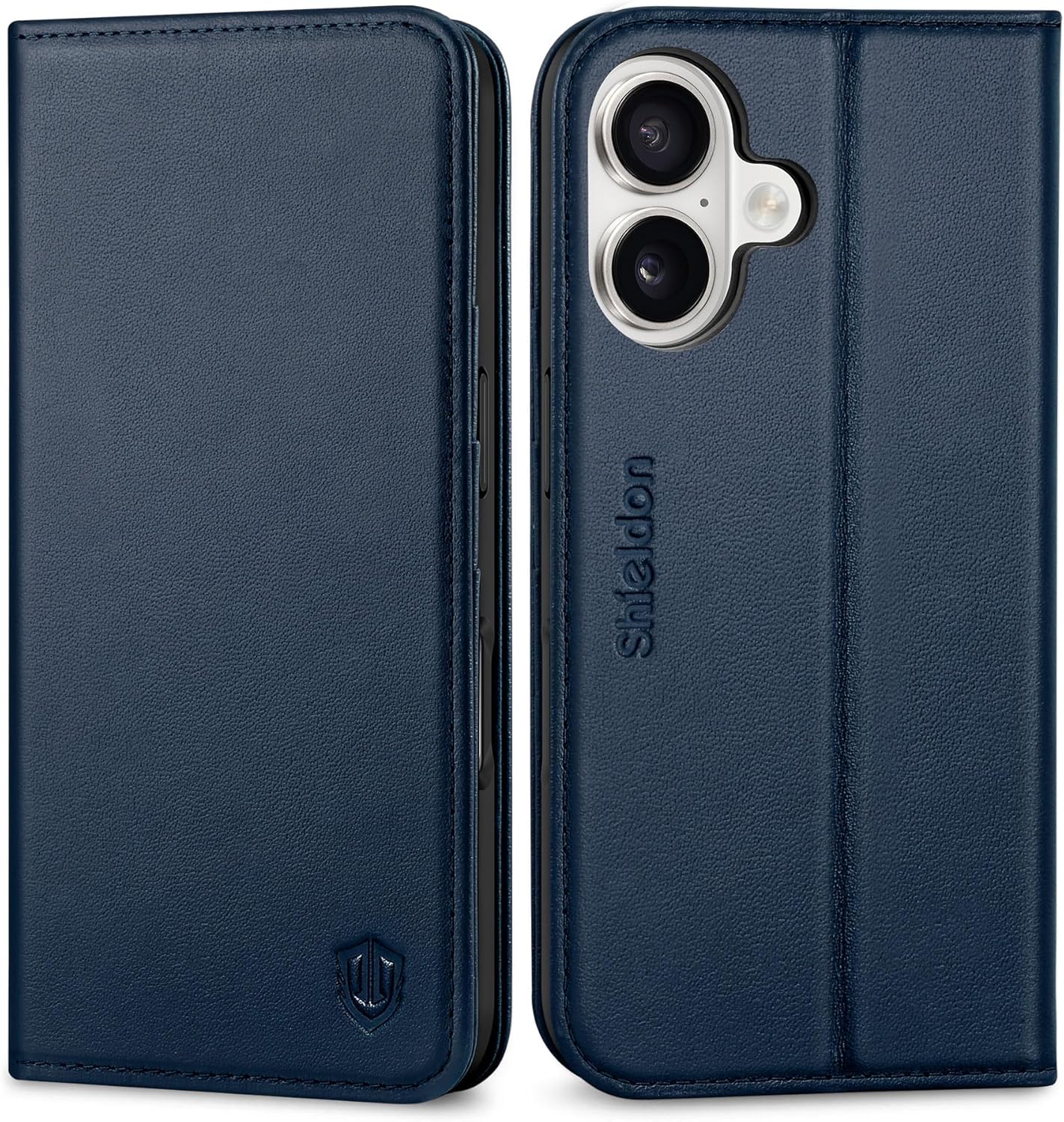 SHIELDON kožna preklopna torbica za iPhone 16 Plus – Tamnoplava