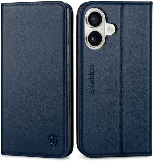 SHIELDON kožna preklopna torbica za iPhone 16 Plus – Tamnoplava