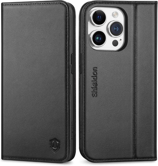 SHIELDON usnjena preklopna torbica za iPhone 15 Pro – Črna