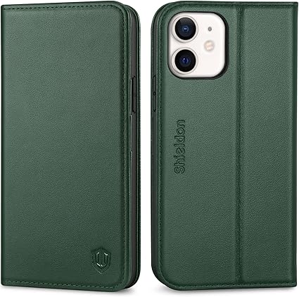 SHIELDON preklopna torbica za iPhone 12 / 12 Pro – prava koža, RFID zaštita, tamnozelena