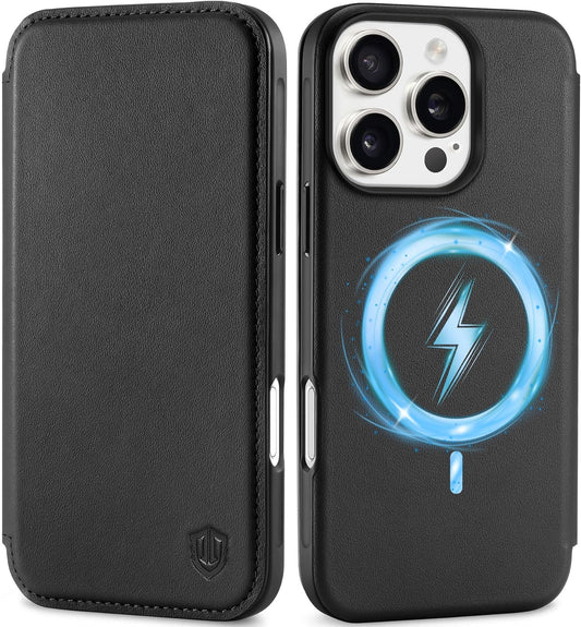 SHIELDON preklopna torbica za iPhone 16 Pro 6,3" – prava koža, RFID zaštita, bežično punjenje, crna