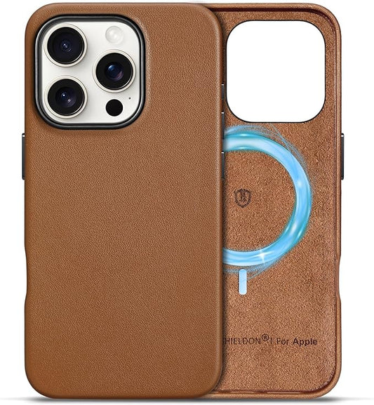 SHIELDON usnjen ovitek za iPhone 16 Pro 6,3" – MagSafe, pravo usnje, tanek, sedlasto rjav