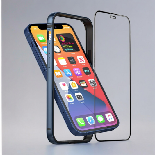 Komplet zaščitni okvir "Metal" in zaščitno steklo za Apple iPhone 12 Mini – Infostyle – Temno modra / TPU silikon