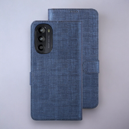 Preklopna torbica "Foluu Premium" za Motorola Moto G52/G82 5G – Temno modra / Ekološko usnje + TPU silikon