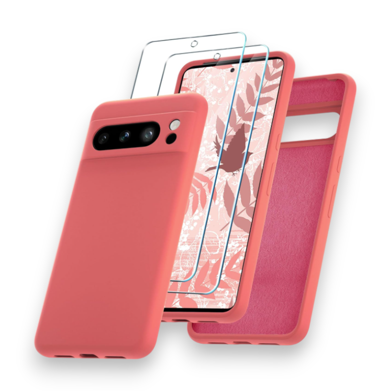Komplet silikonski ovitek + 2x zaščitno steklo za Google Pixel 8 Pro – Yenapoon – Svetlo oranžna / PC + TPU silikon