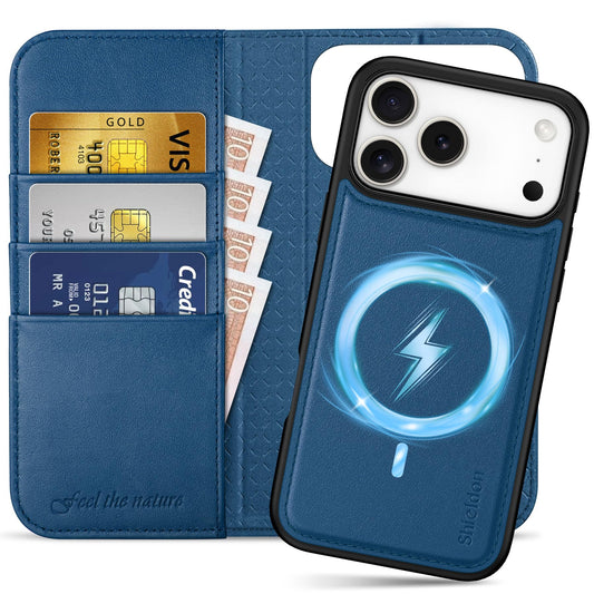 SHIELDON odstranljiva denarnica iz pravega usnja za iPhone 17 Pro Max kraljevsko modra premium usnjen ovitek z režami za kartice