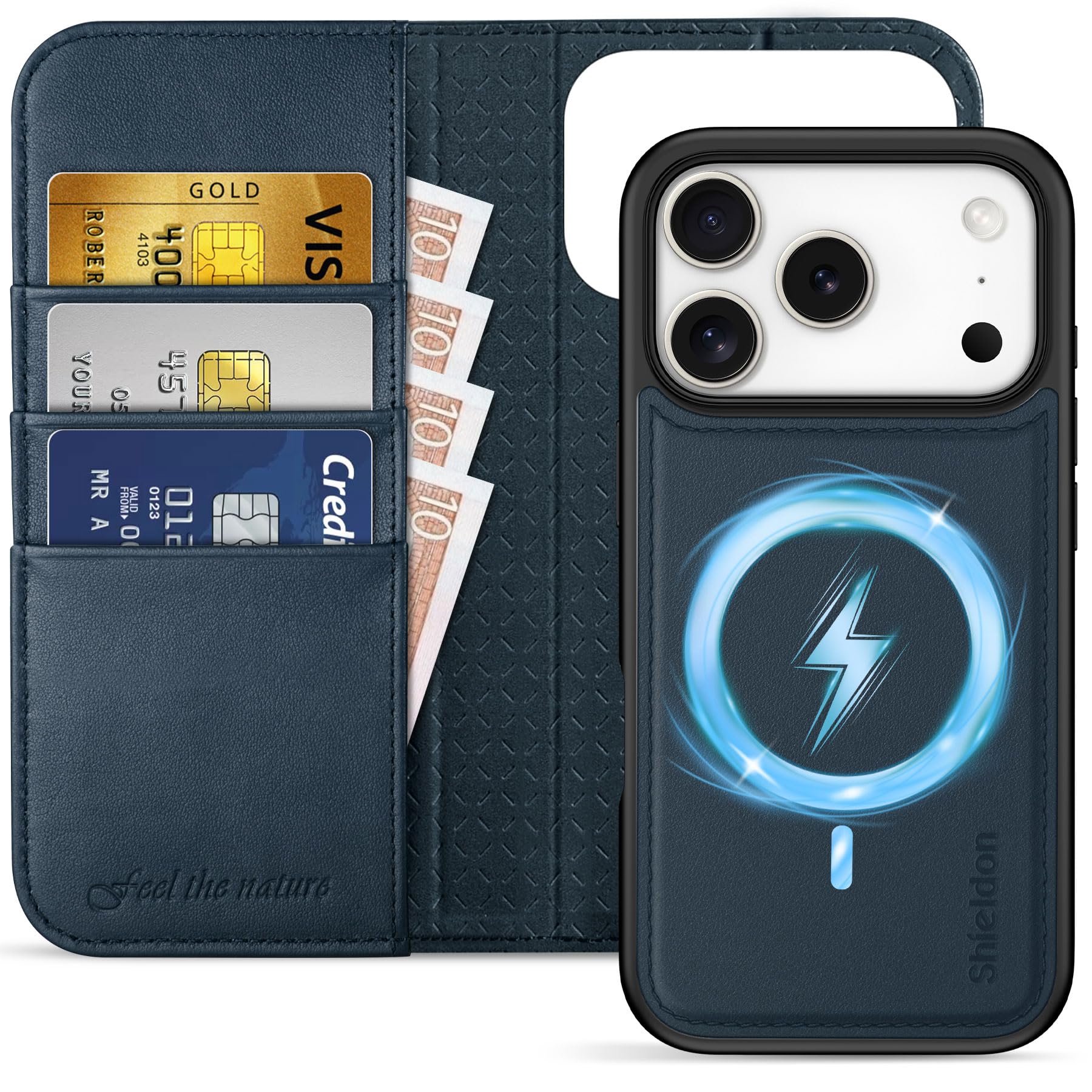 Ovitek/denarnica SHIELDON za iPhone 17 Pro tm.modra, snemljiv ovitek z denarnico za kartice in zaščito telefona