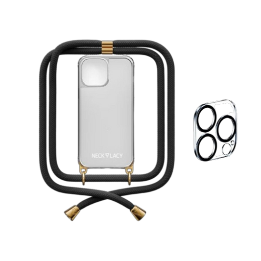 Ovitek z vrvico "NECKLACY®" z zaščito za kamero za iPhone 15 Pro – Črna