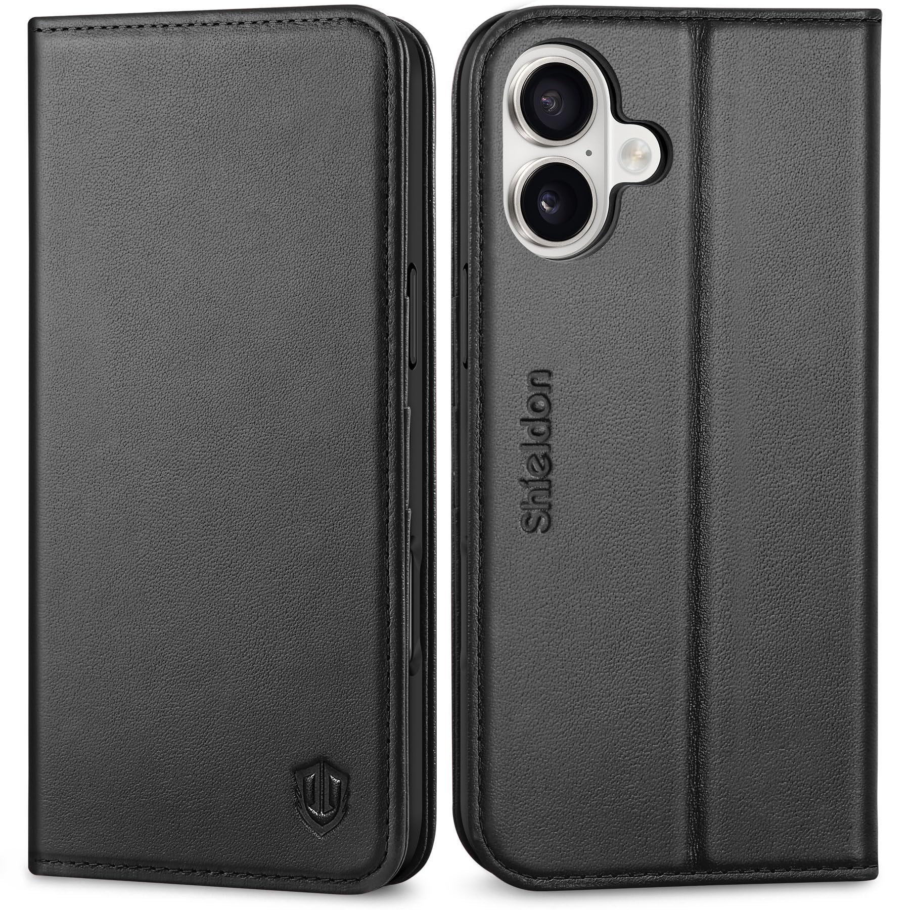 Preklopna torbica SHIELDON za iPhone 16 Plus črna, eleganten preklopni dizajn z zaščito in prostorom za kartice