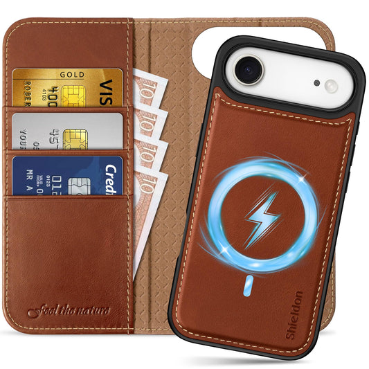 SHIELDON 2-in-1 Odstranljiva Denarnica za iPhone 17 Air 6.5" Retro Rjava, snemljiv ovitek z denarnico in robustno zaščito telefona