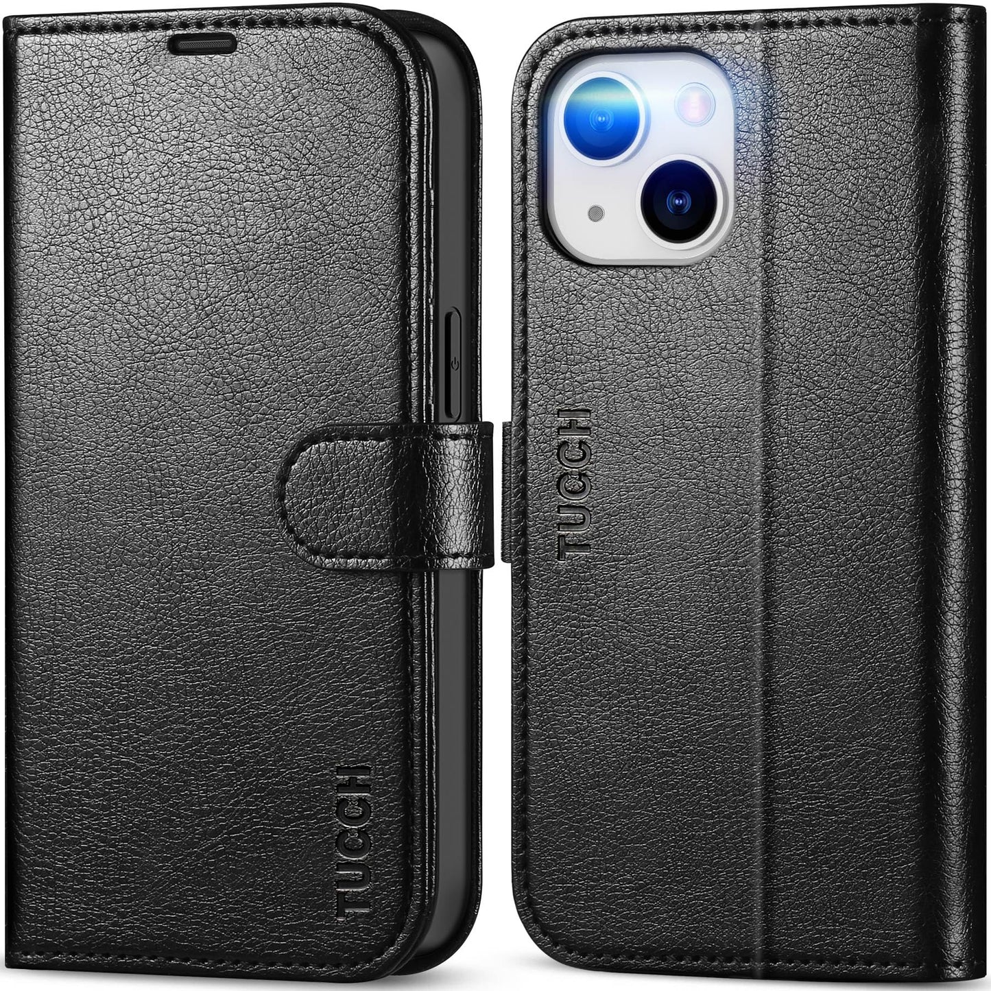 TUCCH usnjena preklopna torbica za iPhone 14 črna