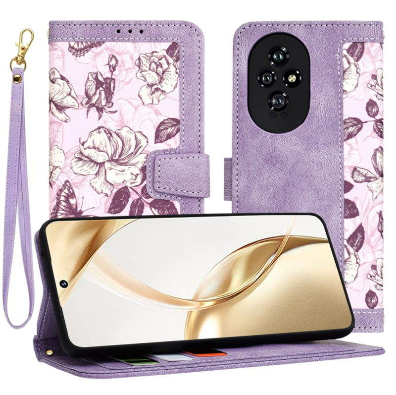 Preklopna torbica "Flower Bed" za Honor 200 Lite – Techsuit – Vijolična / Umetno usnje + TPU silikon