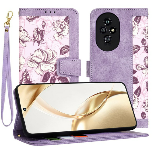 Preklopna torbica "Flower Bed" za Honor 200 Lite – Techsuit – Vijolična / Umetno usnje + TPU silikon
