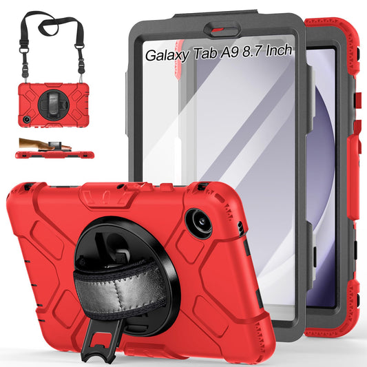 Vojna 3-slojna futrola za Samsung Galaxy Tab A9 8.7” – 360° Stalak + Remen za rame + Držač za S Pen (Crvena)