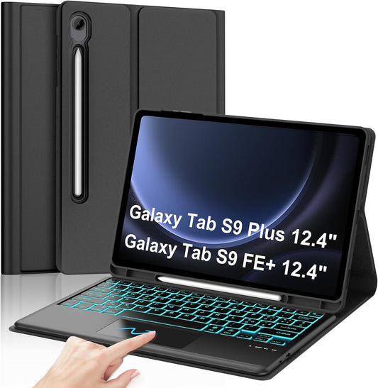 JADEMALL futrola s tipkovnicom za Samsung Tab S9 FE+/S9 Plus/S10 Plus 12,4" – AZERTY, odvojiva osvijetljena tipkovnica, trackpad, crna