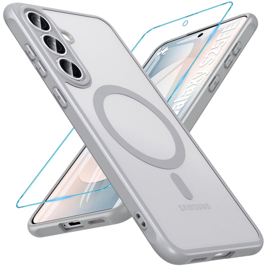 Magnetna maskica za Samsung Galaxy S25 FE – 9H staklo, MagSafe, vojna zaštita, siva