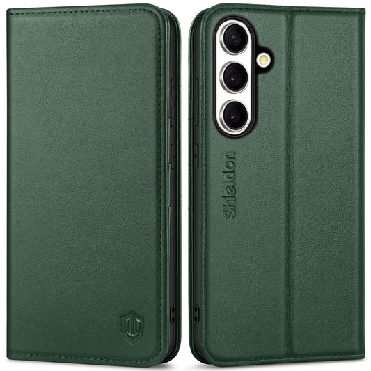 SHIELDON usnjena denarnica za Galaxy S24 Plus polnočno zelena, luksuzna torbica z žepi za kartice in zaščito