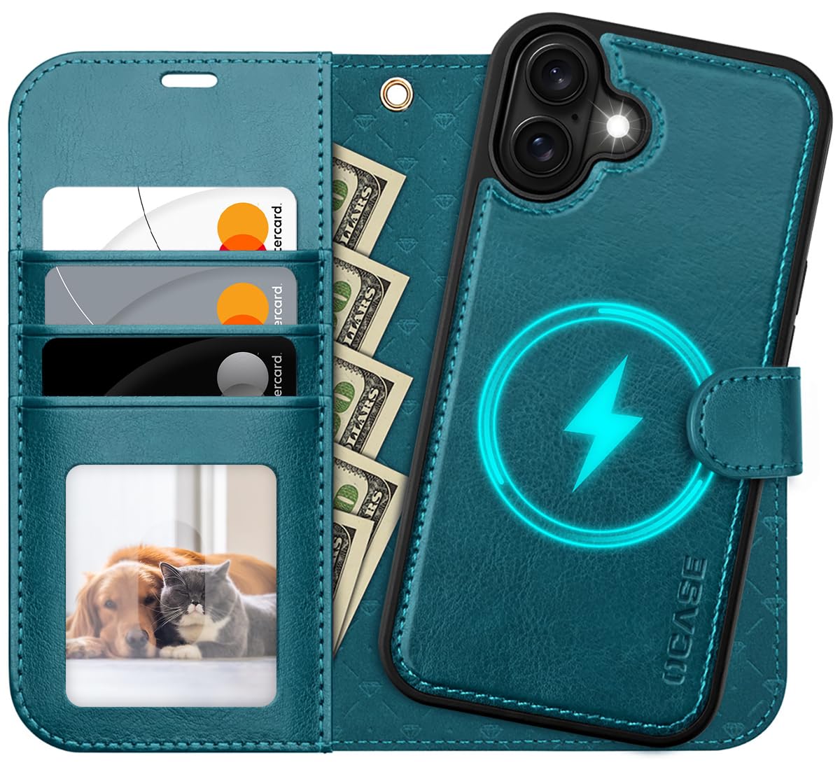 OCASE 2v1 ovitek za iPhone 17 pavje modra snemljiva denarnica RFID zaščita ovitek za telefon