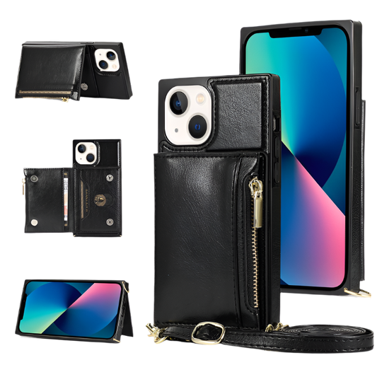 Ovitek za telefon z denarnico in trakom "LOKASS" iPhone 14/13 – Črna