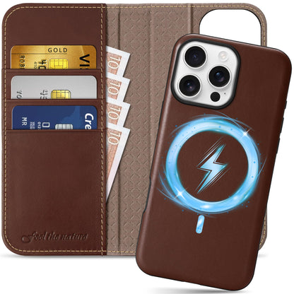 SHIELDON 2 v 1 preklopna torbica iz pravega usnja za iPhone 16 Pro Max - Magnetni Ovitek, RFID Zaščita, Retro Kava