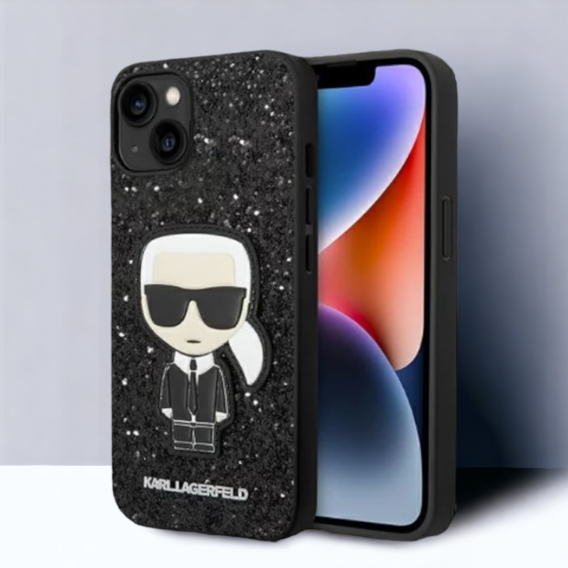 Ovitek Karl Lagerfeld "Iconic Karl - black glitter flakes" za iPhone 14 Plus/15 Plus (KLHCP14MGFKPK) – Črna / PC + TPU s