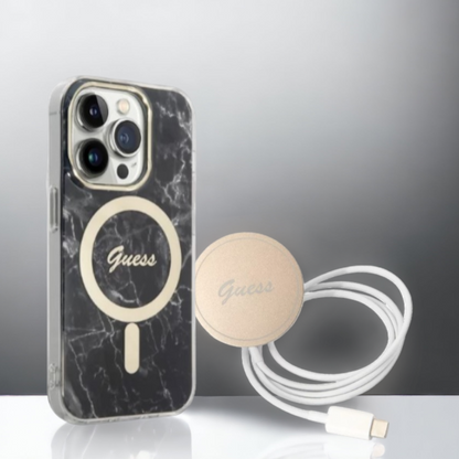 Guess komplet ovitek + polnilec (MagSafe) "Marble black" za iPhone 14 Pro (GUBPP14LHMEACSK) – Črna / TPC + PC