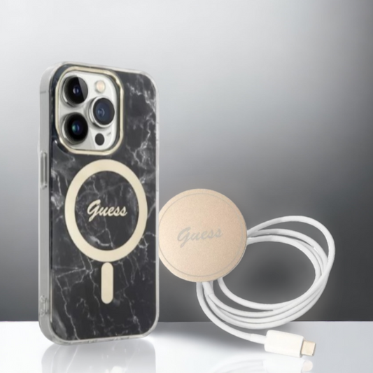 Guess komplet ovitek + polnilec (MagSafe) "Marble black" za iPhone 14 Pro (GUBPP14LHMEACSK) – Črna / TPC + PC