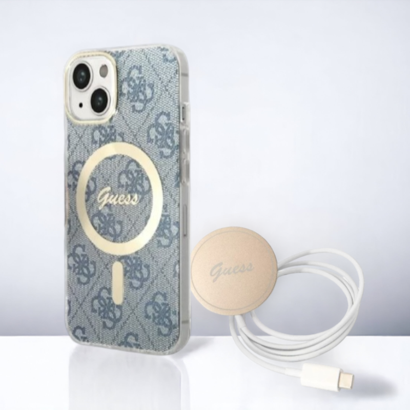 Guess komplet ovitek + polnilec (MagSafe) "blue" za iPhone 14 Plus/ 15 Plus (BUGUHMP14MH4EACSB) – Modra / TPC + PC