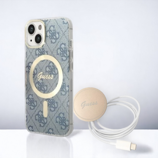 Guess komplet ovitek + polnilec (MagSafe) "blue" za iPhone 14 Plus/ 15 Plus (BUGUHMP14MH4EACSB) – Modra / TPC + PC