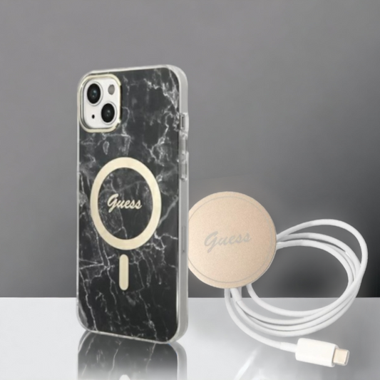 Guess komplet ovitek + polnilec (MagSafe) "Marble black" za iPhone 13/14/15 (BUGUHMP14SHMEACSK) – Črna / TPC + PC