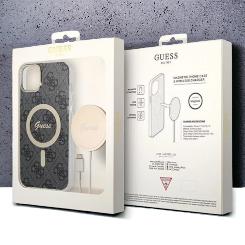 Guess komplet ovitek + polnilec (MagSafe) "black" za iPhone 14 Plus / 15 Plus (GUBPP14MH4EACSK)