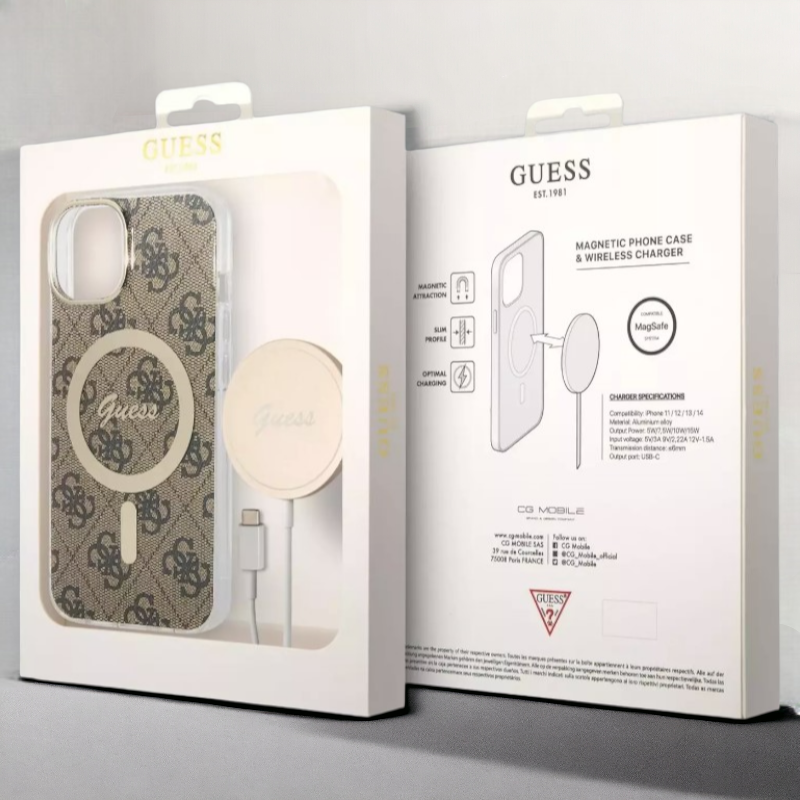 Guess komplet ovitek + polnilec (MagSafe) "brown" za iPhone 14 Plus/ 15 Plus (GUBPP14MH4EACSW)