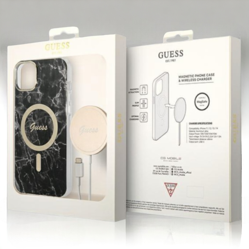 Guess komplet ovitek + polnilec (MagSafe) "Marble black" za iPhone 13/14/15 (BUGUHMP14SHMEACSK)
