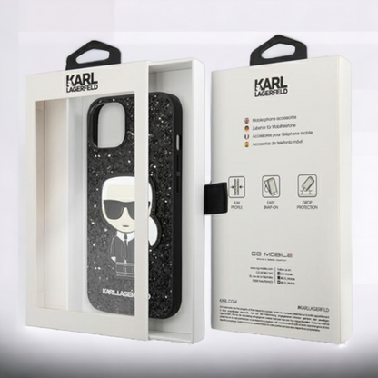 Ovitek Karl Lagerfeld "Iconic Karl - black glitter flakes" za iPhone 14 Plus/15 Plus (KLHCP14MGFKPK)