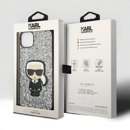 Ovitek Karl Lagerfeld "Iconic Karl - silver glitter flakes" za iPhone 13/14/15 (KLHCP14SGFKPG)