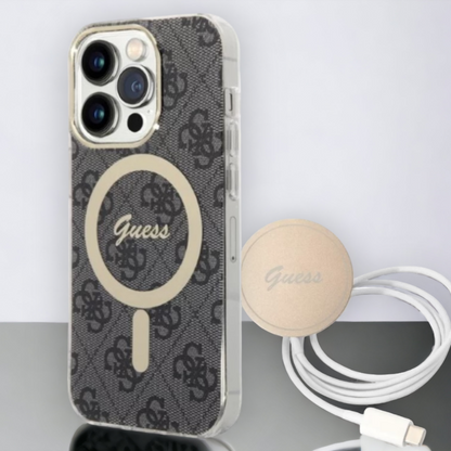 Guess komplet ovitek + polnilec (MagSafe) "black" za iPhone 14 Pro (BUGUHMP14LH4EACSK) – Črna / TPC + PC
