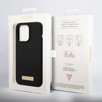 Silikonski ovitek Guess "Metal Logo" za iPhone 14 Plus/ 15 Plus z MagSafe tehnologijo - črn (GUHMP14MSBPLK)